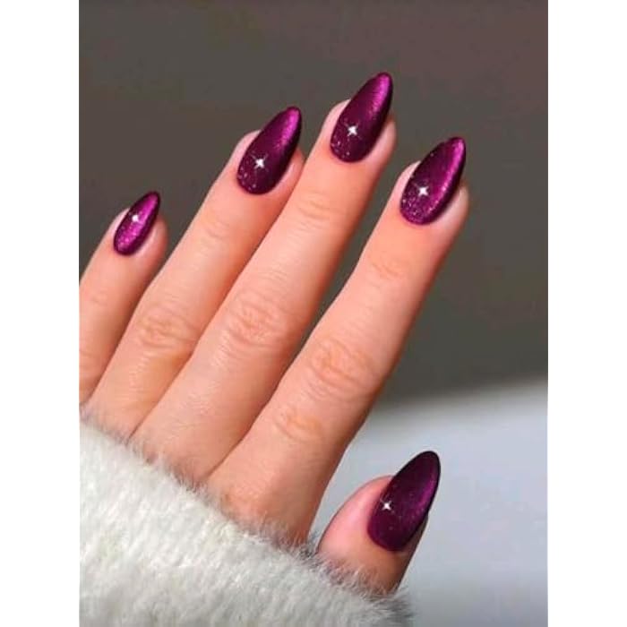 24Pcs/Set Y2K Aesthetic Purple Crystal Cat Eye Press On Nails Long Almond - Image 2